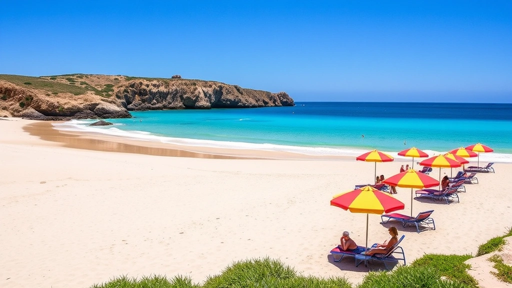 Pristine sandy beach with turquoise water, colorful beach umbrellas and lounge chairs, rocky cliffs in background, clear blue sky, guests relaxing on sand, peaceful coastal atmosphere, daytime natural lighting