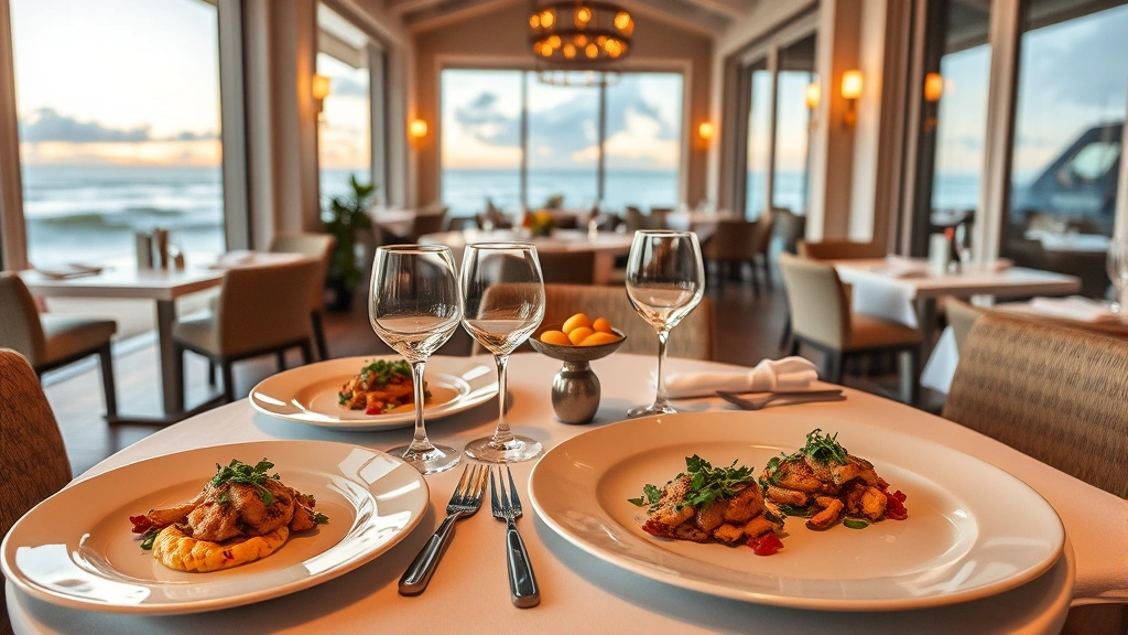 Upscale beachfront dining area with ocean view windows, elegantly plated farm-to-table cuisine on white plates, wine glasses, soft ambient lighting, coastal decor, romantic dinner ambiance, professional restaurant photography
