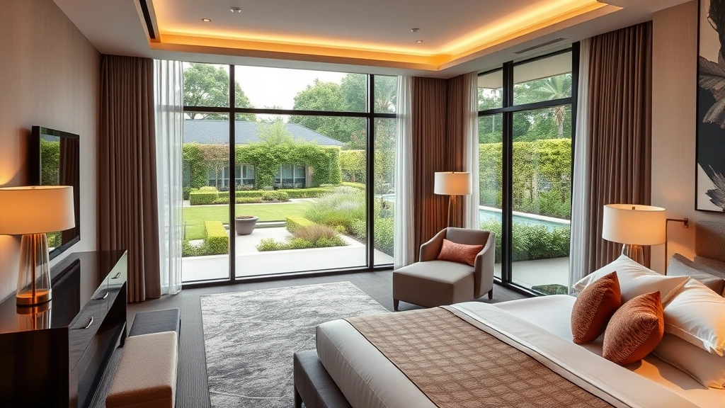 Modern luxury hotel suite with contemporary furnishings, plush bedding, and floor-to-ceiling windows overlooking manicured gardens, photorealistic interior design