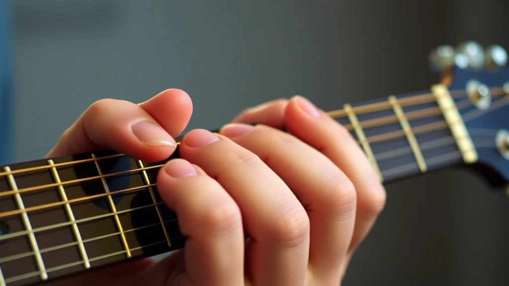 Close-up of guitarist's fingers on fretboard demonstrating fingerpicking technique for Hotel California intro riff, showing proper finger positioning and muting, warm studio lighting on acoustic guitar