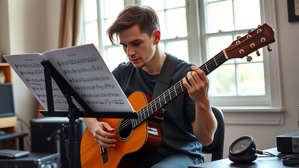 Intermediate guitarist practicing with tablature sheet music on music stand, metronome visible on desk, focused expression while learning chord progressions, natural window lighting in home studio