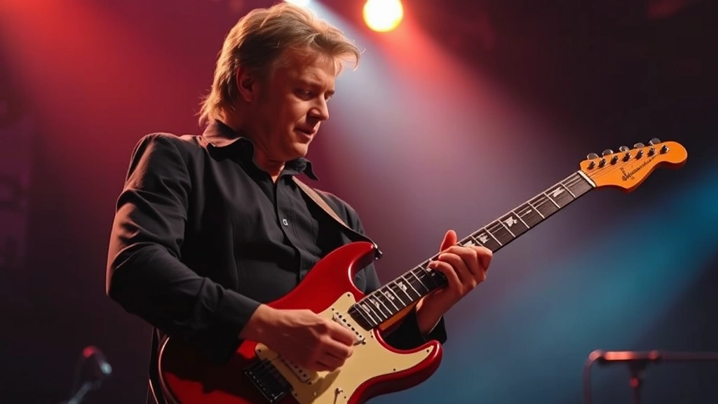 Professional musician performing Hotel California solo on electric guitar, stage lighting, concentrated facial expression showing technical execution of bends and vibrato techniques