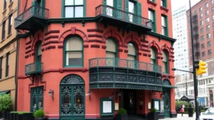 Historic Chelsea Hotel exterior facade with distinctive red brick Victorian Gothic Revival architecture, ornamental ironwork details, and Chelsea-green painted trim, viewed from street level with Manhattan street scene in background
