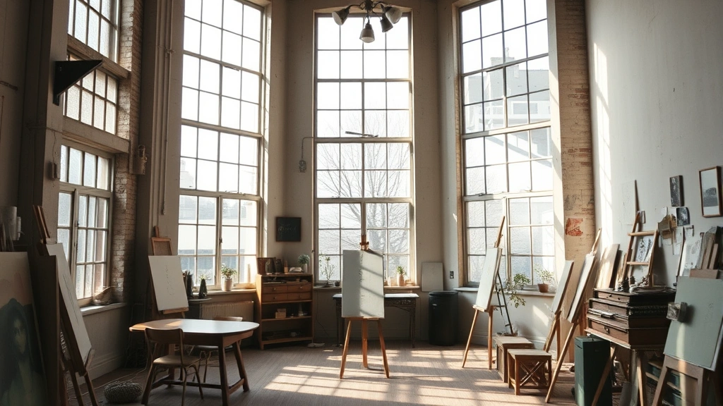 Mid-century photograph aesthetic of artist studio apartment interior with high ceilings, large windows providing natural light, sparse bohemian furnishings, easels and creative workspace setup, vintage architectural details visible