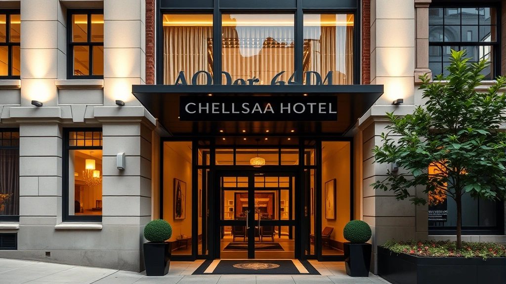 Modern Chelsea Hotel building entrance with residential lobby area showing period architectural elements, warm lighting, accessible entryway with contemporary urban surroundings, community-focused residential character