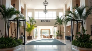 Bright, inviting hotel lobby entrance with elegant gates and tropical landscaping, natural daylight streaming through windows, welcoming atmosphere with comfortable seating areas and modern decor, no visible text or signage