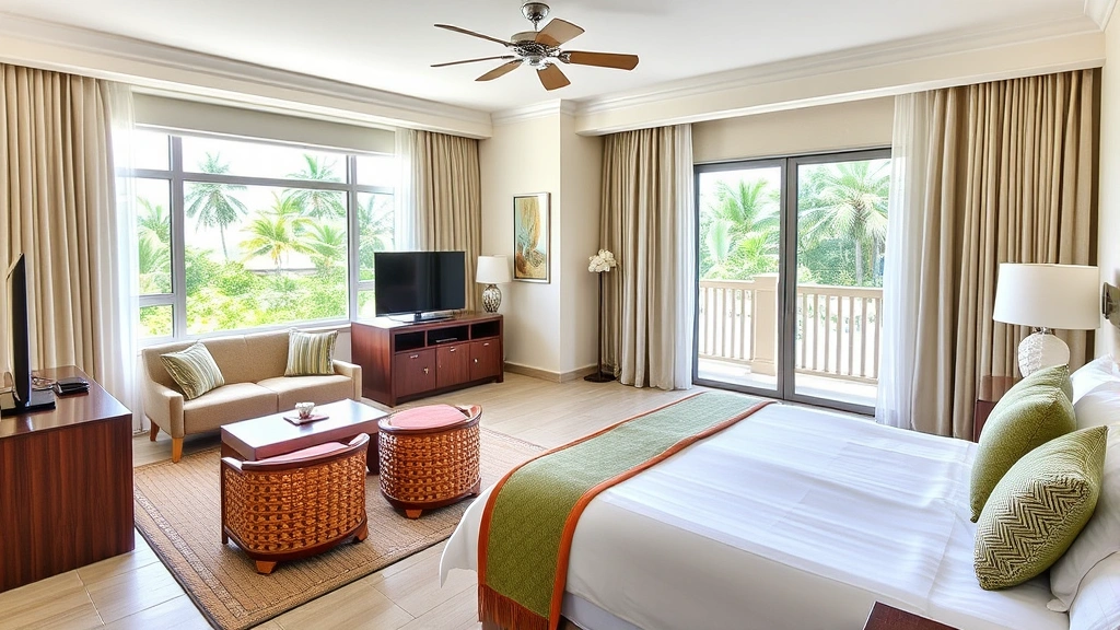Spacious, well-appointed hotel suite bedroom with premium bedding, modern furnishings, and contemporary decor, bright natural light from windows, clean and meticulously maintained, tropical color palette, no visible room numbers or identifying information