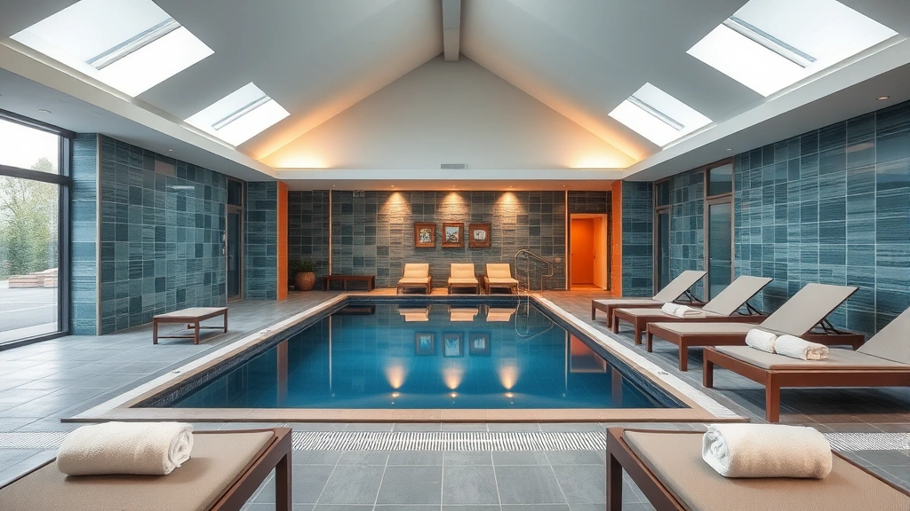Serene hotel spa or wellness area featuring a heated indoor pool with blue water, lounge chairs with white towels, and modern architecture with natural light from skylights, creating a relaxation atmosphere