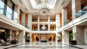 Luxurious resort lobby with elegant chandelier, marble flooring, and high ceilings showcasing upscale hospitality architecture and sophisticated interior design in natural daylight