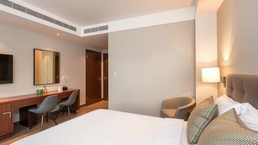 Modern hotel room interior with comfortable bed, contemporary furnishings, clean bathroom visible, warm lighting, modern amenities, neutral color palette, welcoming ambiance, no room numbers visible