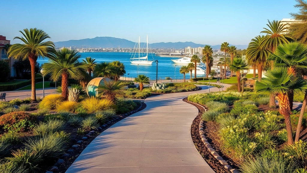 Waterfront park pathway in downtown San Diego with bay views, landscaping, walking paths, public art, blue water visible, natural lighting, peaceful recreational area, no text or signage readable