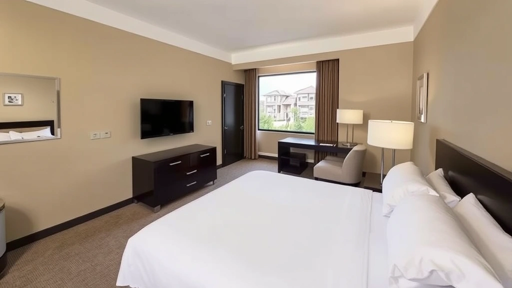 Modern hotel room interior with queen bed, neutral beige walls, flat-screen TV, desk area with lamp, clean bathroom visible through doorway, natural daylight from window showing residential area outside