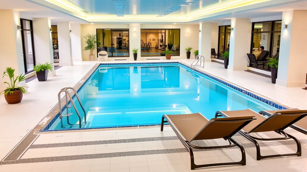 Hotel indoor swimming pool with blue water, lounge chairs on deck, white tile surrounding, potted plants, warm lighting, clean facility with no people, fitness center entrance visible in background