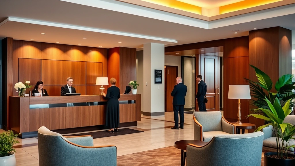 Hotel front desk lobby area with wooden counter, professional receptionist area, comfortable seating lounge with upholstered chairs, warm ambient lighting, potted plants, clean modern interior, guests checking in