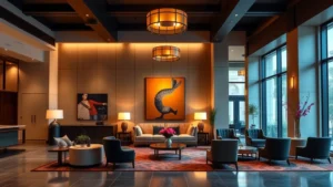 Elegant boutique hotel lobby featuring custom furnishings, curated art installation, warm ambient lighting, and distinctive architectural details. Modern luxury aesthetic with unique character. No text, signage, or identifying markers visible.