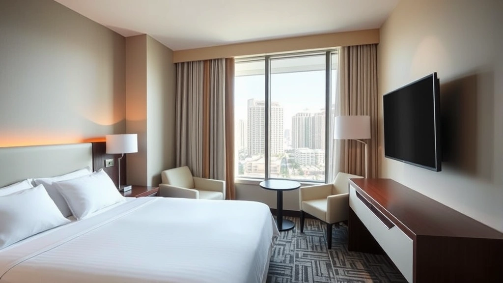 Modern hotel room interior with contemporary furnishings, comfortable bed with quality linens, flat-screen TV mounted on wall, and large window showing Las Vegas skyline, natural daylight streaming in, clean minimalist design with accent lighting