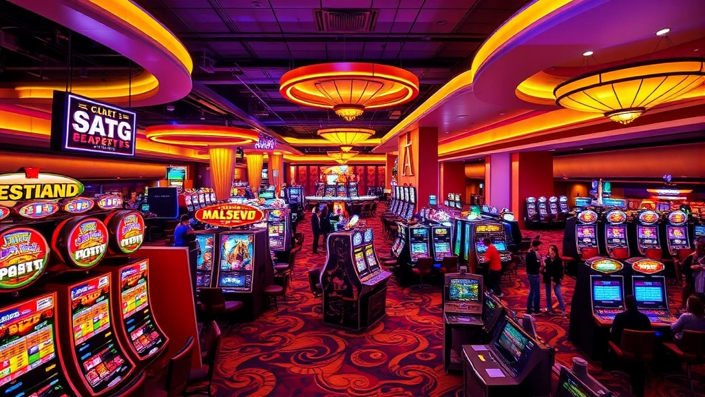 Vibrant casino floor with slot machines, gaming tables, and guests enjoying entertainment, neon signage overhead, energetic atmosphere with warm ambient lighting, professional photography capturing dynamic hospitality environment without visible signage or addresses