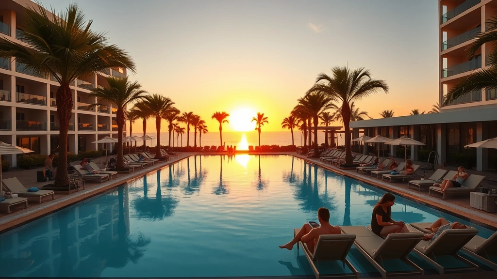 Outdoor pool area at sunset with lounge chairs, palm trees, clear blue water reflecting golden hour light, guests relaxing poolside, cocktail service visible, tropical resort aesthetic with modern architecture framing the scene