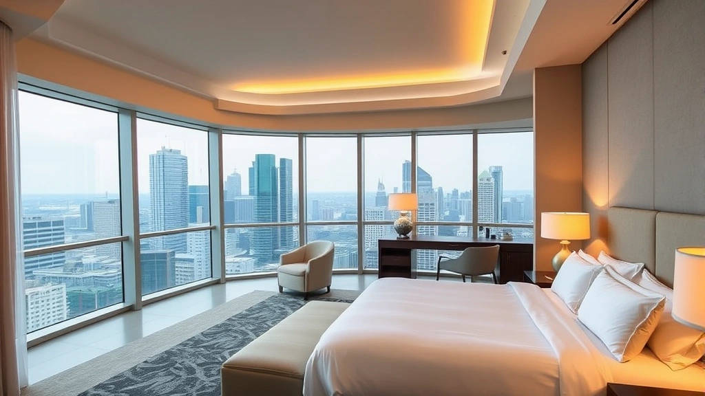 Luxurious modern hotel suite bedroom with minimalist design, floor-to-ceiling windows overlooking city skyline, contemporary furnishings, pristine white bedding, warm ambient lighting, upscale residential aesthetic