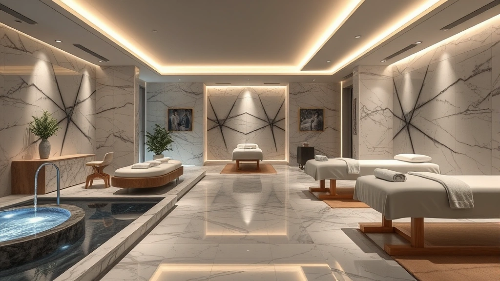 High-end spa and wellness center interior with marble surfaces, calming water features, soft lighting, massage tables, premium towels, contemporary design elements, serene relaxation environment