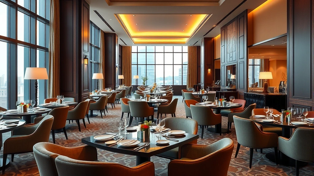 Elegant hotel restaurant dining area with modern furniture, sophisticated table settings, floor-to-ceiling windows, warm lighting, upscale plating presentation, fine dining ambiance