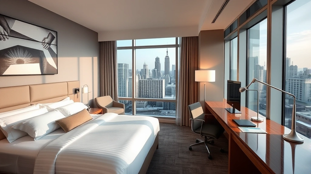 Modern hotel room interior with contemporary furnishings, comfortable bed with premium linens, work desk, and floor-to-ceiling windows overlooking cityscape during daytime, photorealistic style