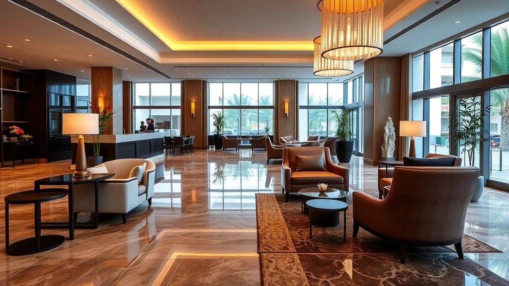 Upscale hotel lobby with marble flooring, contemporary furniture, professional staff at front desk, natural lighting from large windows, elegant but welcoming ambiance, no visible text or signage
