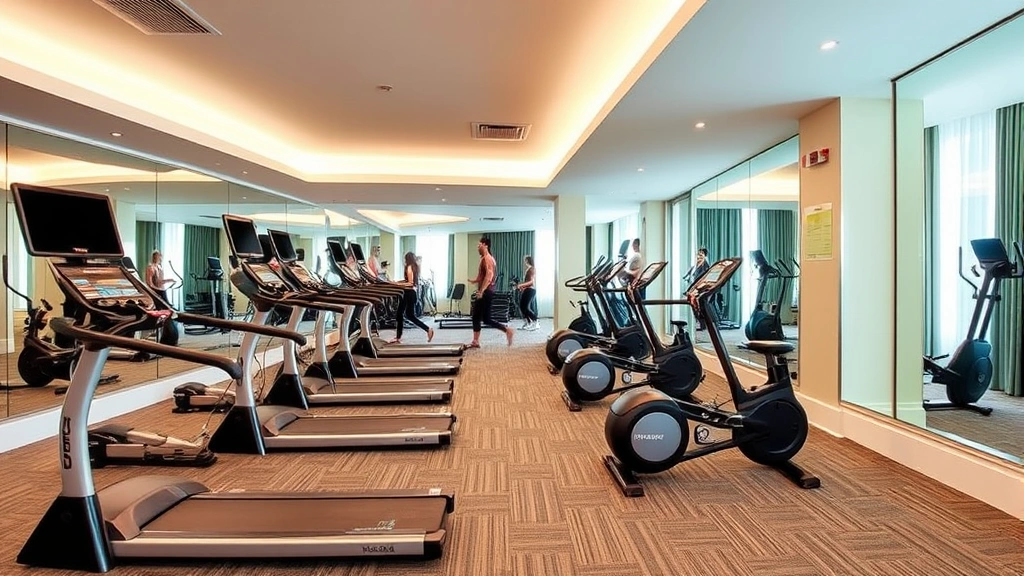 Hotel fitness facility with modern exercise equipment, yoga mats, mirrors, bright lighting, contemporary gym design, people in background exercising, clean and well-maintained appearance