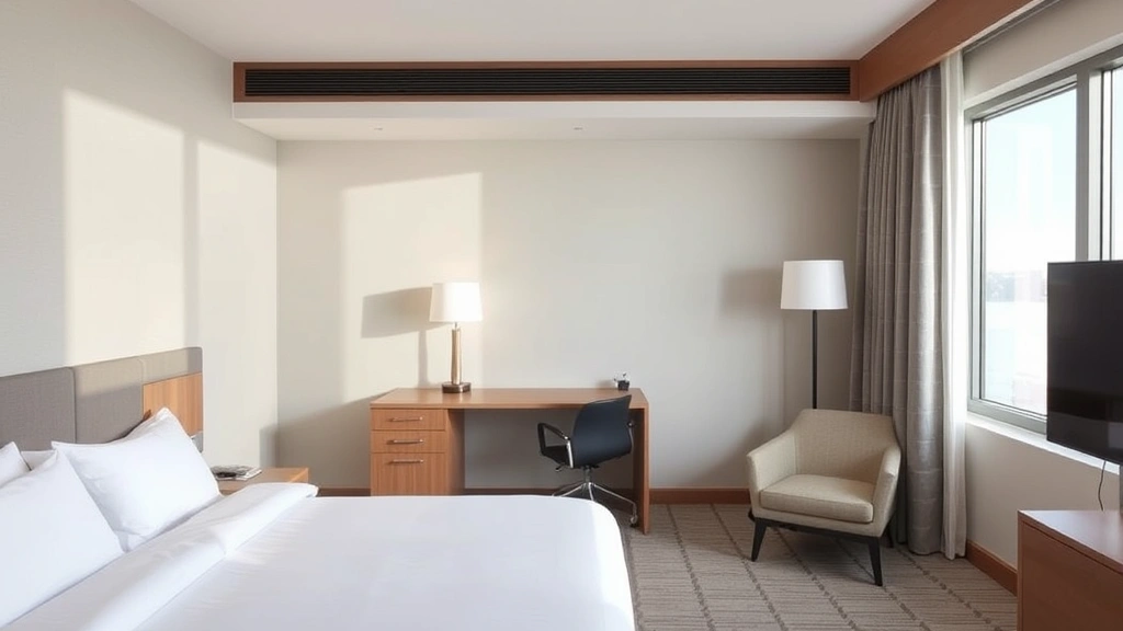 Modern hotel room interior with queen bed, desk workspace, contemporary furniture, neutral color palette, clean and bright with natural window light