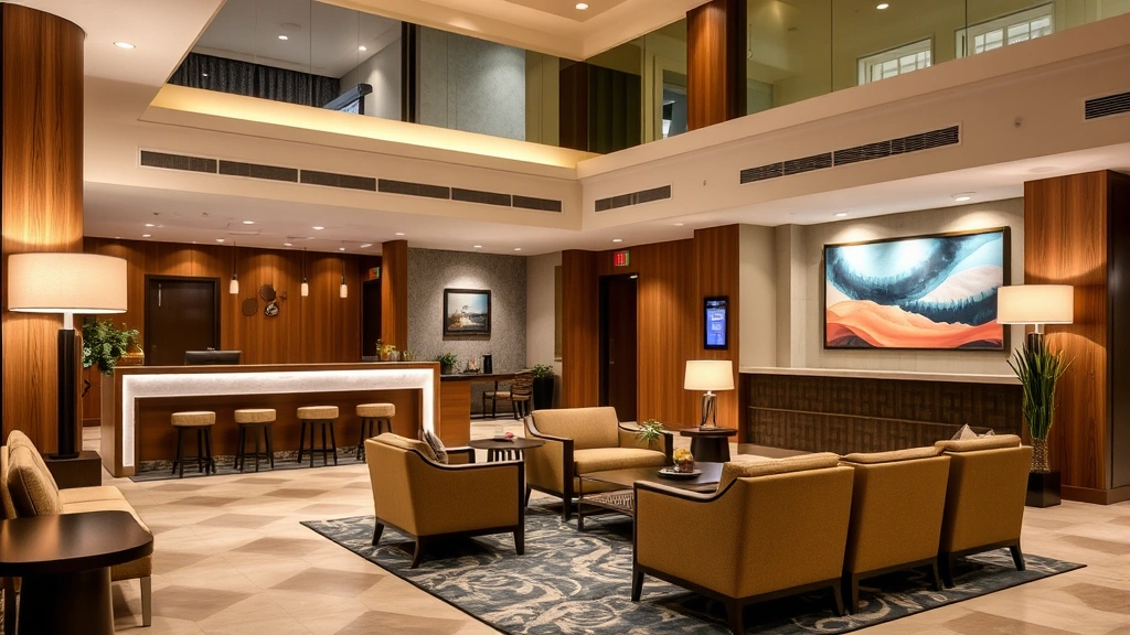 Hotel lobby entrance area with comfortable seating, professional front desk, contemporary design, warm lighting, welcoming atmosphere for arriving guests
