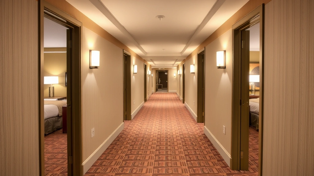 Hotel corridor hallway with clean carpeting, wall sconces lighting, modern decor, open doors showing room entries, well-maintained commercial hospitality space