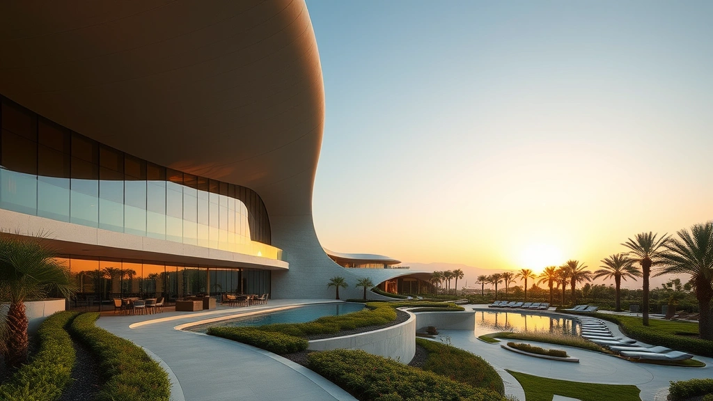 Luxury modern hotel with flowing curved exterior walls and organic wave-like architectural forms, glass and stone materials, surrounded by landscaped gardens, soft natural lighting at golden hour, contemporary resort setting