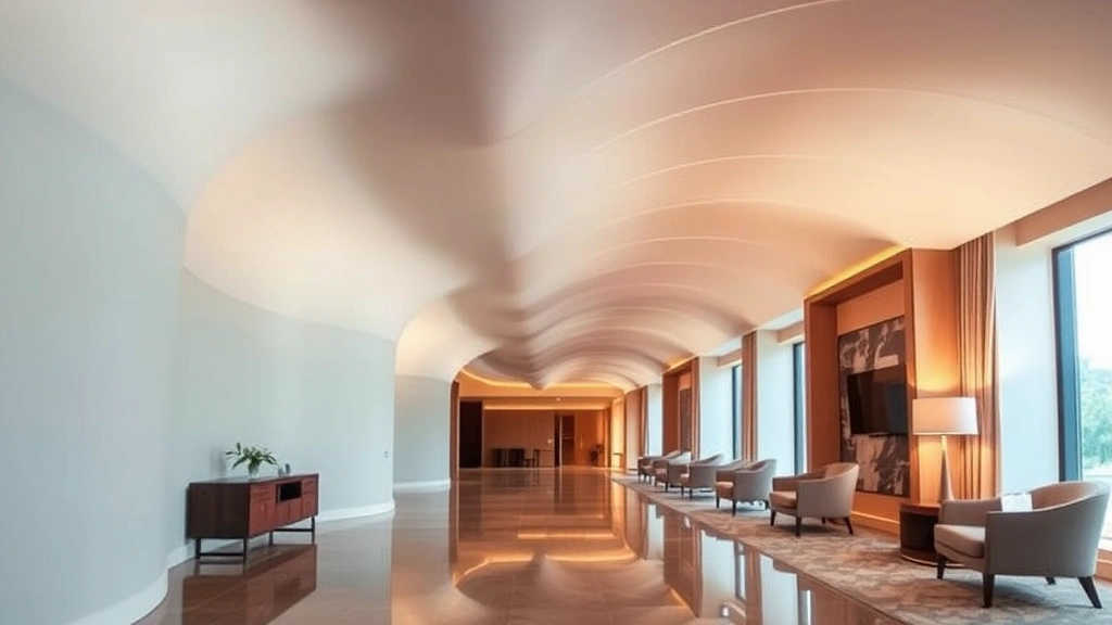 Interior hotel corridor with undulating curved ceiling and walls, soft ambient lighting highlighting architectural forms, polished floor reflecting design elements, minimalist modern furnishings, natural light from side windows