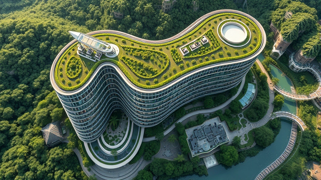 Aerial view of curved hotel building integrated into natural landscape, green roofs and planted terraces visible, water features and gardens surrounding structure, modern sustainable resort architecture from above