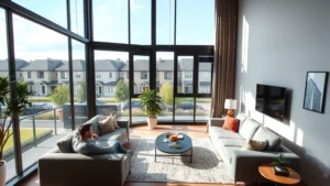 Modern apartment living room with comfortable furniture, large windows overlooking residential neighborhood, natural daylight, contemporary décor, person relaxing on couch