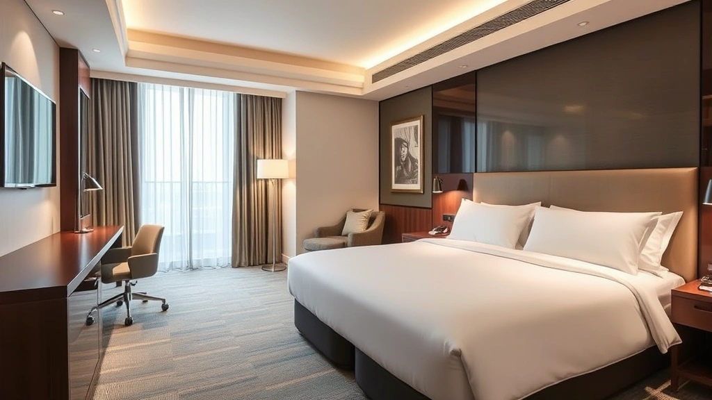 Contemporary hotel room interior showing spacious bed, work desk, modern amenities, neutral color palette, professional business traveler setting