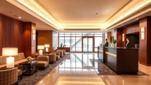 Modern Japanese hotel lobby with polished floors, contemporary furniture, warm lighting, and guest check-in desk with professional staff in uniforms