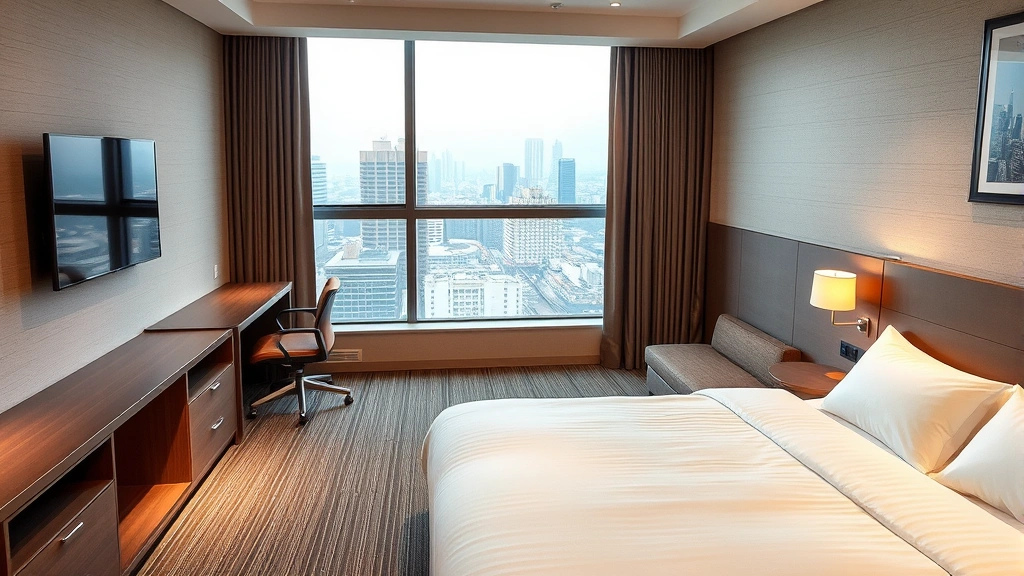 Spacious hotel guest room featuring Japanese minimalist design, queen bed with quality bedding, work desk, television, and city view from window