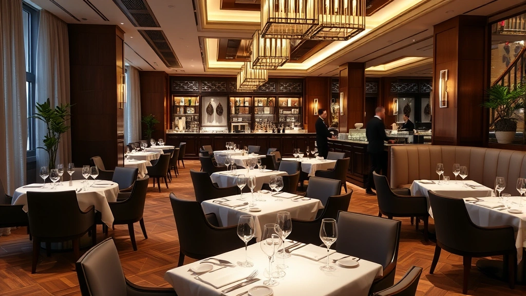 Hotel restaurant dining area with elegant table settings, contemporary décor, ambient lighting, and service staff preparing to serve international cuisine
