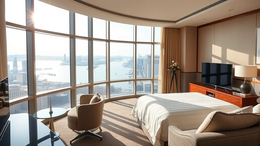 Luxurious modern hotel room with floor-to-ceiling windows overlooking Tokyo Bay waterfront, contemporary furnishings, natural daylight streaming through windows, professional work desk visible, serene residential ambiance