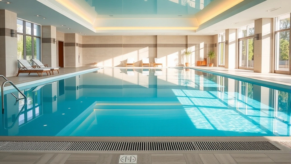 Elegant indoor swimming pool with natural lighting, spa-like environment, contemporary tile work, lounge chairs visible, clean water, professional hospitality setting without people