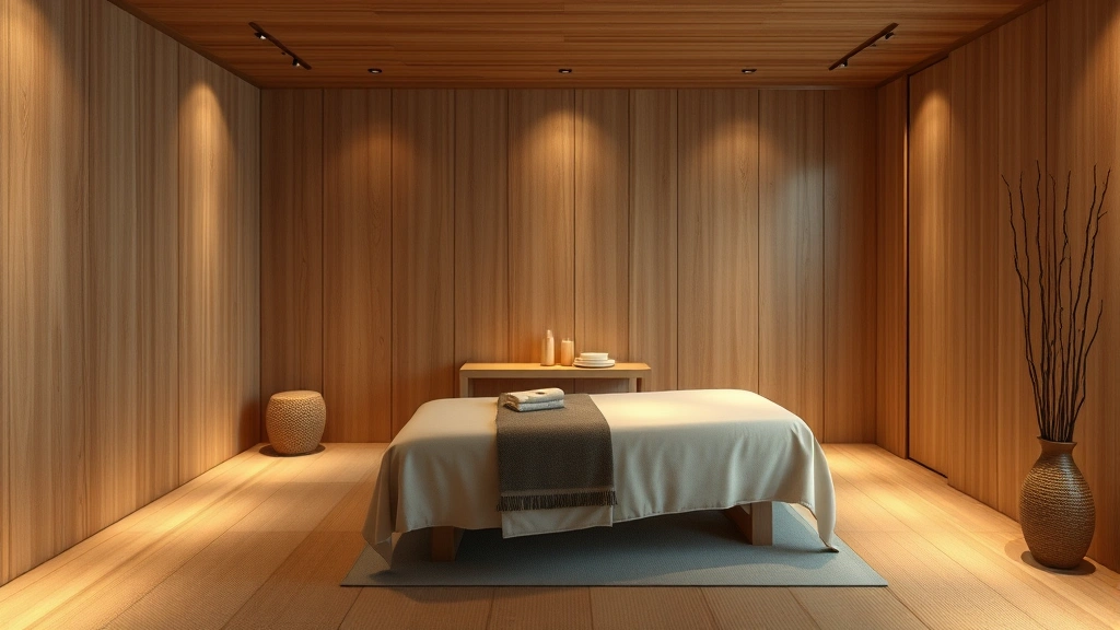 Japanese spa treatment room with natural wood elements, soft ambient lighting, massage table with premium linens, minimalist aesthetic, authentic Japanese design principles, peaceful wellness environment