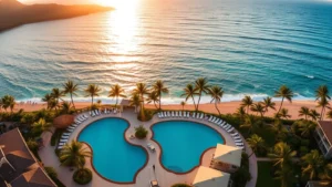 Aerial view of oceanfront resort with turquoise pool overlooking Hawaiian coastline, palm trees, and white sand beach at golden hour