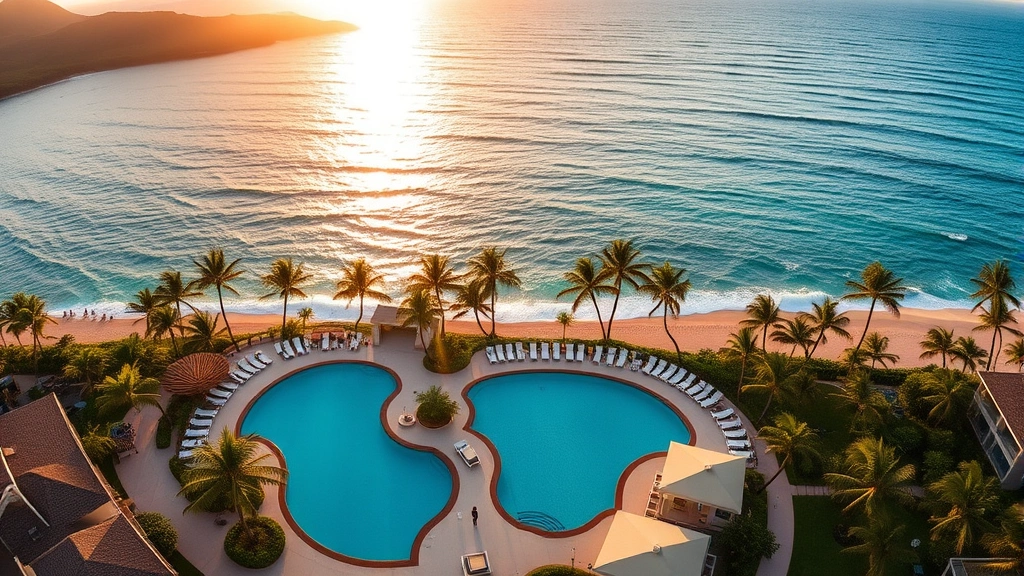 Aerial view of oceanfront resort with turquoise pool overlooking Hawaiian coastline, palm trees, and white sand beach at golden hour
