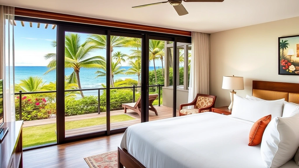 Spacious modern hotel room with king bed, sliding glass doors opening to private lanai overlooking tropical garden and distant ocean horizon