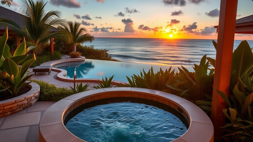 Luxury resort spa area featuring outdoor hot tub surrounded by tropical plants, with ocean views and sunset lighting creating warm ambiance