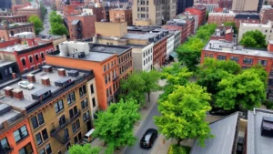 Aerial view of Tribeca neighborhood showing converted loft buildings, tree-lined streets with parked cars, and cobblestone areas, daytime, modern cityscape