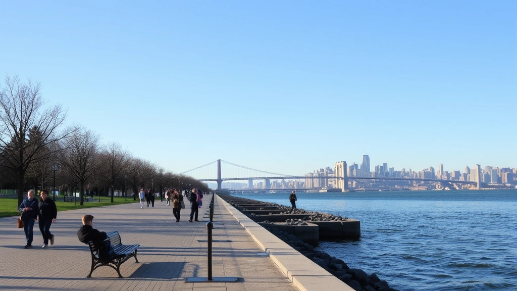 Battery Park waterfront promenade with visitors walking, waterfront benches, Hudson River view, clear day, blue sky, people enjoying outdoor space
