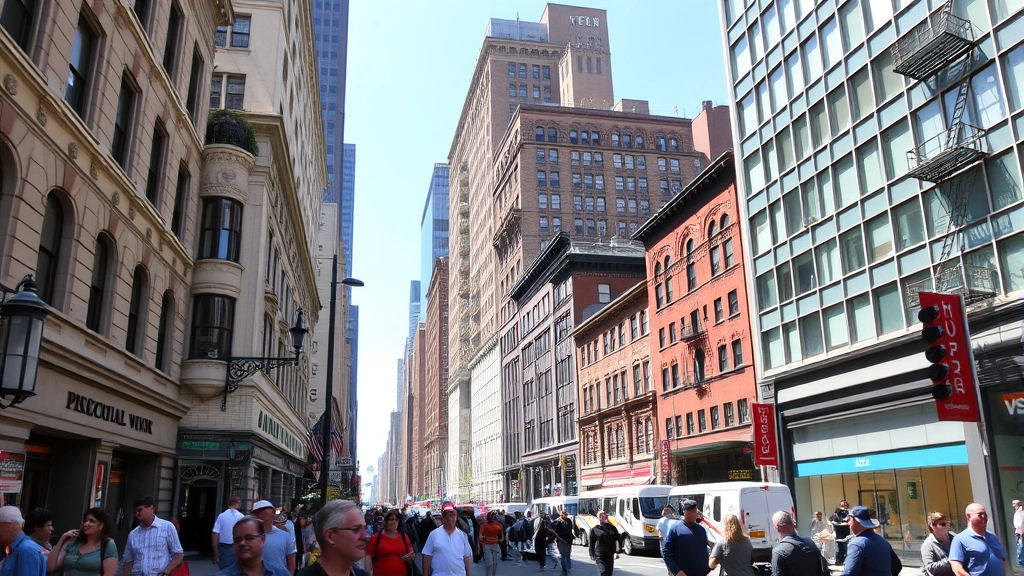Lower Manhattan street scene showing mix of historic architecture and modern buildings, busy pedestrian area, diverse crowd of visitors and locals, daytime street-level view