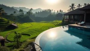Luxurious infinity pool overlooking terraced rice paddies in Bali, tropical vegetation, morning light, resort architecture